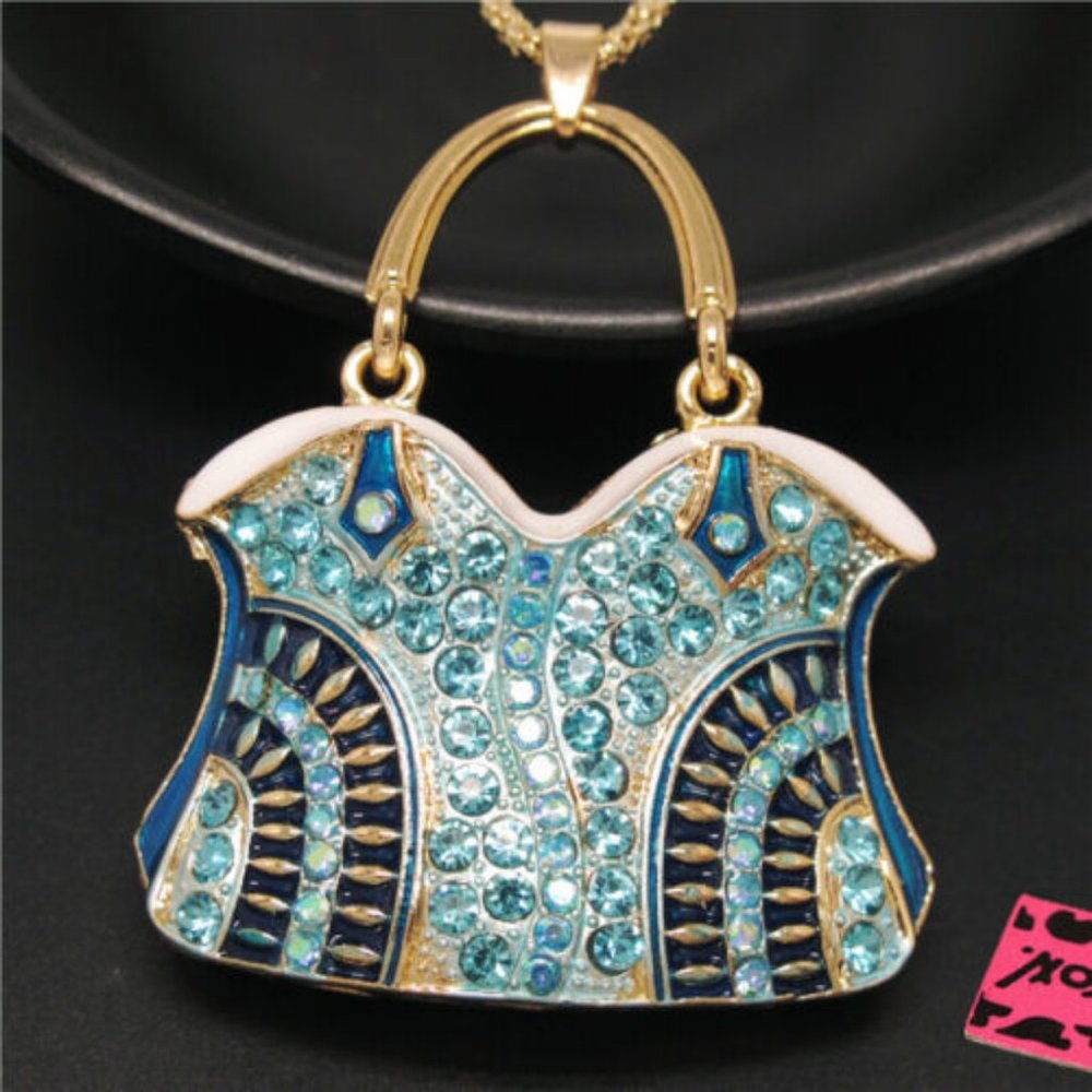 Blue Crystal Rhinestone Navy White Enamel PURSE TOTE HAND BAG Pendant Necklace